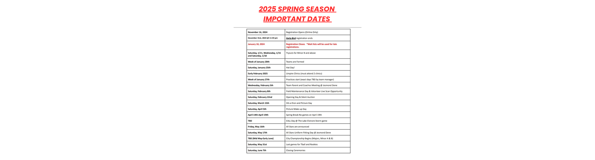 IMPORTANT 2025 SPRING REGISTRATION INFO!!